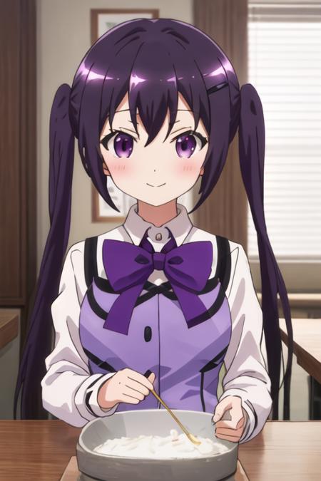 best quality, masterpiece, highres, solo, {tedeza_rize_istheorderarabbit:1.15}, purple_hair, long_hair, twintails, purple_eyes, bangs, hair_ornament, blush, hairclip, hair_between_eyes, closed_mouth, indoors, 1girl, bow, bowtie, looking_at_viewer, shiny_hair, shirt, smile, upper_body, vest, white_shirt, rabbit_house_uniform, shiny, long_sleeves, breasts