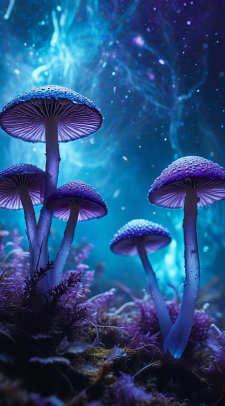 Starlight mushrooms, researching an ancient artifact, Underwater shimmer, foggy with a thick mist, vivid purple ambiance, perspective warp effect, two-shot featuring duo, abstract geometric patterns, billowy smoke wisps, melancholic blue hue, fractured composition, grainy film texture.