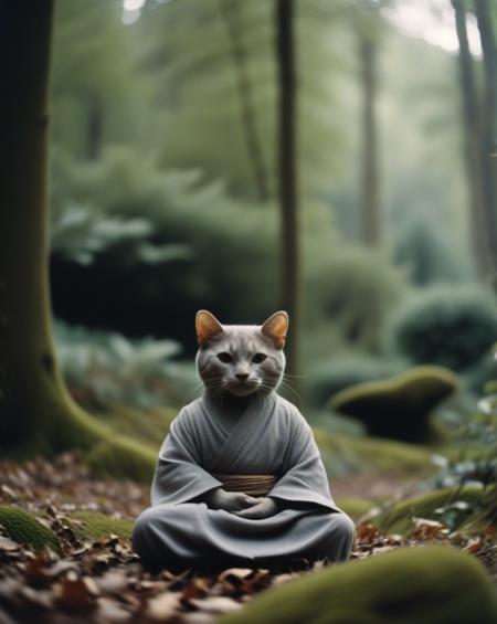 a stablishing shot capturing the forest scene with the anthropomorphic cat meditating in the foreground, dressed in grey monk attire, adding a sense of calm and balance to the composition. The surrounding foliage is lush and verdant, with a gentle breeze causing some movement in the leaves.