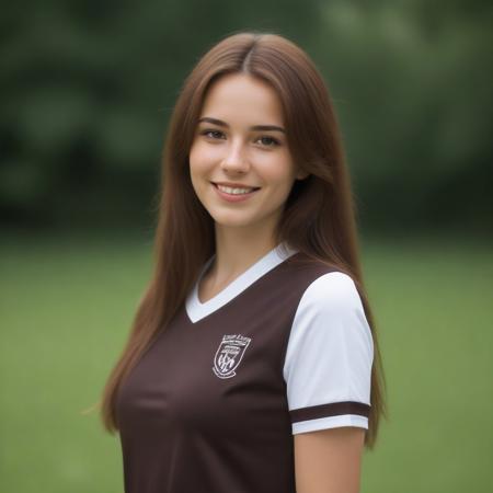 Female character, young women, football uniform, soccer uniform, long hair, brown eyes, brown hair, beautiful face, freckles, smiling, outdoors, park, garden, flowers
