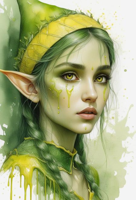 beautiful elf girl, sketch, image, hd grunge painting, hyper-realism, many small details, surrealism, careful drawing of details, drawing in fine ink, green yellow watercolor  drawing of details, hyperdetalization, elegant, octane, D&G style, horror, digital realistic photo portrait, lots of details, design, high resolution, paint drips