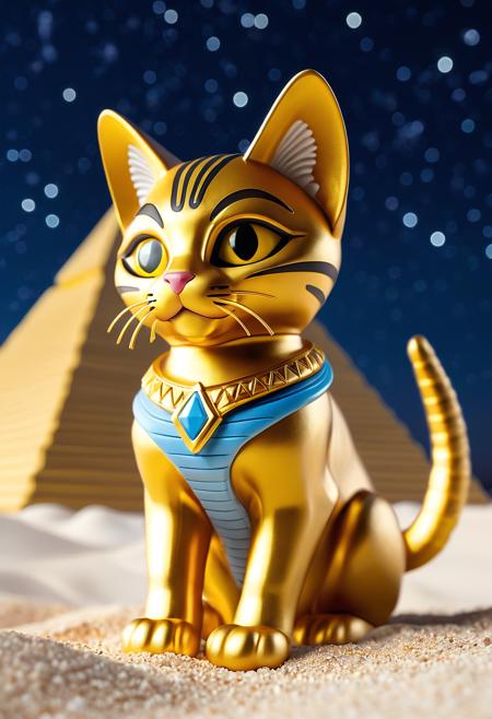 <lora:novuschroma53 style:1> novuschroma53 style, intricate details, depth of field, gold painted sphinx toy made of plastic, style of a beckoning cat, glowing eyes, under the starry sky, white sandy dessert, pyramid background. <lora:detailed_notrigger:1>
