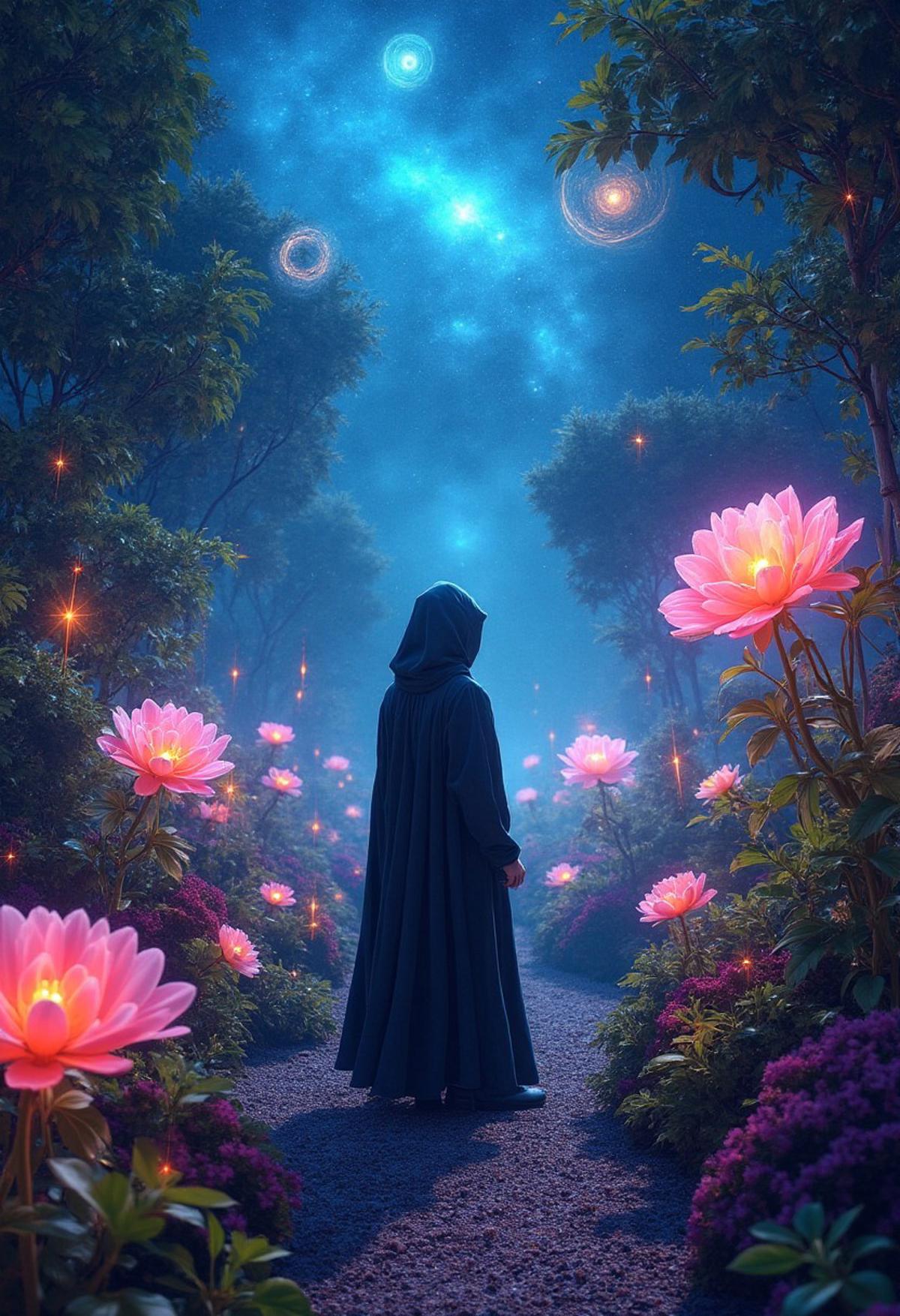 a mystical garden filled with celestial objects, such as stars, planets, and swirling nebulae, growing like plants with luminous leaves and radiant flowers, a hooded character in a dark, flowing robe stands in the center, gazing up at the cosmic blooms, the garden's pathways are made of glowing stardust, and the sky above is a deep, starry expanse, the hooded character's silhouette contrasts with the vibrant, otherworldly colors of the garden, creating an atmosphere of awe and wonder, with soft, diffused light casting gentle shadows, intricate details, ethereal, surreal, and magical, the character's hood obscures their face, adding an air of mystery, the entire scene has a dreamlike quality, blending the boundaries between reality and fantasy