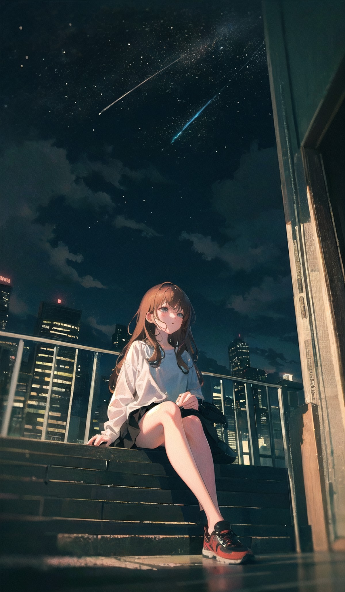 sky, scenery, cloud, 1girl, building, outdoors, railing, solo, star (sky), city, long hair, cloudy sky, from below, blurry...