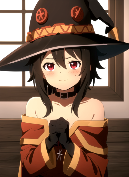 promisedNeverland <lora:promisedNeverland_offset:1>, megumin, 1girl, bare shoulders, black hair, black cape, black gloves, blush, cape, choker, collarbone, dress, hair between eyes, , hat, long sleeves, looking at viewer, medium hair, off-shoulder dress, off shoulder, red dress, red eyes, sidelocks, solo, witch hat, indoors, ((masterpiece))