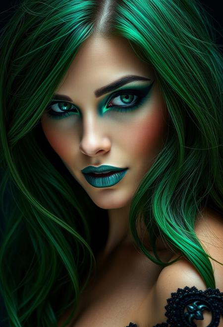 A captivating woman, exudes an aura of both allure and seduction. Her piercing green eyes, accentuated by smoky emerald eyeshadow, hold a mesmerizing gaze, capable of both captivating and consuming. Her lips, painted a deep forest green, curve into a seductive smile, hinting at the power she wields. Her hair, a vibrant shade of green, cascades in long, flowing waves, reminiscent of a cascading waterfall. The hair, expertly styled by a professional hairstylist, is tousled and textured, creating a sense of movement and dynamism. A single lock of hair, framing her face, falls provocatively over her shoulder.
Her makeup, applied by a skilled makeup artist, is flawless, with a focus on highlighting her striking features. A touch of gold eyeliner adds a touch of luxury and echoes the metallic accents in her outfit. A subtle hint of highlighter illuminates her cheekbones, adding a touch of ethereal beauty.
Dressed in a custom-designed gown by a renowned fashion designer, she commands attention. The sleek, black garment, adorned with intricate gold detailing, is both modern and timeless. The dress, tailored to perfection, accentuates her figure, hugging her curves in all the right places. 
The image should be captured by a professional photographer, with meticulous attention to lighting and composition. The lighting should be dramatic, casting long shadows and highlighting her features. The overall mood of the image should be seductive, with a touch of mystery.