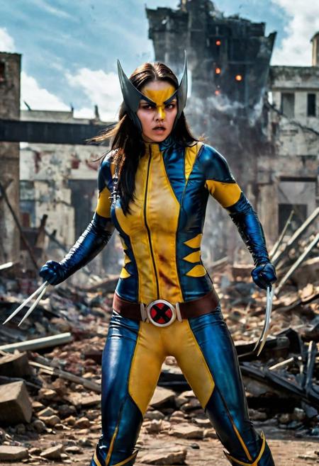 High resolution ultra-realistic of Beautiful Laura Kinney/X-23, cinematic lighting, MCU style, ultra realistic, 8K, fighting stance, X-Men style, standing among the ruins of buildings, Greg Rutkowski, Intricately Designed bloody dirty face, wavy black hair, Realistic beautiful brown eyes, gazing straight ahead, Atrractive 21 years old Dafne Keen as X-23 woman, realistic modern combat X-Men costume, dirty, bloody, beautiful firm Breasts, defiant and seductive, X-Men style, Marvel style, MCU sci-fi style, Superheroine, Standing in the middle of a dark dirty street on the City, sharp focus, digital painting, Photograph Taken on Nikon D750, Alphonse Mucha, 8K, athletic figure, Hyperdetailed, hyperrealism, aesthetics reminiscent of X-Men, Attractive, Attractive bust girl, asymmetric balance