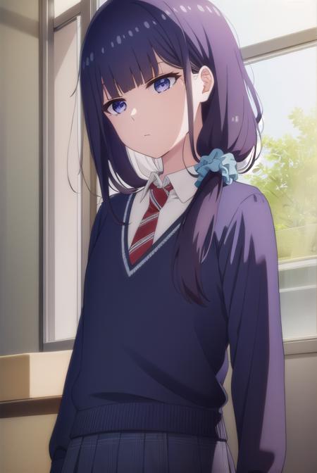 misuzugundou, <lora:misuzu gundou s1-lora-nochekaiser:1>,
misuzu gundou, long hair, bangs, black hair, hair ornament, blunt bangs, scrunchie, hair scrunchie, blue scrunchie, (purple eyes:1.1),
BREAK school uniform, necktie, sweater, red necktie,
BREAK indoors, classroom,
BREAK looking at viewer, (cowboy shot:1.5),
BREAK <lyco:GoodHands-beta2:1>, (masterpiece:1.2), best quality, high resolution, unity 8k wallpaper, (illustration:0.8), (beautiful detailed eyes:1.6), extremely detailed face, perfect lighting, extremely detailed CG, (perfect hands, perfect anatomy),