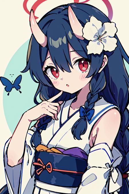 <lora:korukoruno:0.8>1girl, solo, horns, red eyes, white flower, flower, braid, parted lips, long hair, blue hair, sleeveless, bug, twin braids, hair flower, butterfly, japanese clothes, hair ornament, bangs, upper body, hair between eyes, kimono, halo, very long hair, white kimono, detached sleeves, chibi, sleeveless kimono, obi, blush stickers, sailor collar, :o, oni horns, sash, bow, blue bow