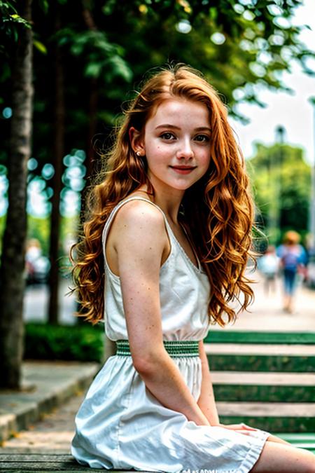 girl,18 years old, (perfect face), (green eyes:1.2), street on background, (hair ornament:1.2), (perfect loose ginger hair), (white dress), summer dress, (dynamic pose:1.4), (happy look:1.2), sit on bench, BREAK. shallow depth of field,bokeh,soft lighting,((high quality)),film grain,Fujifilm XT3,4k,uhd,RAW photo,masterpiece,photorealistic,((ultra-detailed)),  <lora:Body Type_alpha1.0_rank4_noxattn_last:2>, <lora:Breast Slider - Pony_alpha1.0_rank4_noxattn_last:2.5>, <lora:age_slider-LECO-v1:-3>, <lora:zoom_slider_v1:-1>,