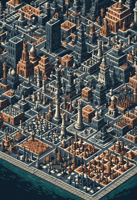 A pixel art rendition of a cityscape where the buildings are all shaped like giant chess pieces, engaged in an eternal game of strategy. 
many details, extreme detailed, full of details,
Wide range of colors.
Many details everywhere.  soft shadows. Low saturation colors. Insane quality. Insane resolution. Insane details. Masterpiece. 32k resolution.
Dramatic,Dynamic,Cinematic,Sharp details
 <lora:add-detail-xl:1>