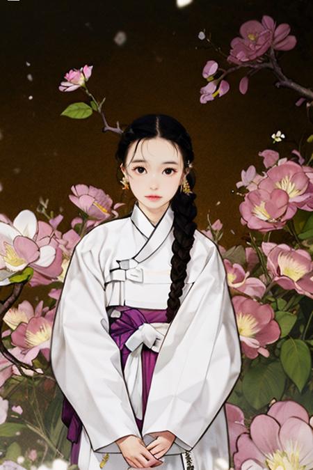 1girl, black_eyes, black_hair, braid, branch, brown_eyes,  hanbok, korean_clothes, twin_braids
A minimalist composition with clean lines and subtle tonal variations, invoking a sense of simplicity and tranquility, Amidst a tapestry of aromas, a fragrant garden beckons, its scented blooms inviting the senses on a delightful journey, Enrobed, Sensation, Short, Fit, Square Face, Fair Skin, Auburn Hair, light blue Eyes, Narrow Nose, Pouty Lips, Receding Chin, Long Hair, Fine Hair, Chignon, round breasts, Hoop earrings, cream matte lipstick, Glassy luster that creates a transparent and reflective surface, <lora:FilmVelvia2:1>