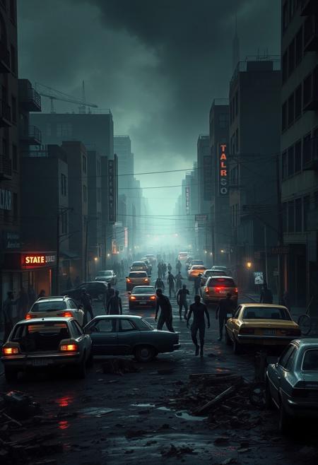 Zombie apocalypse urban wasteland, eerie atmosphere, highly detailed, dramatic lighting, desolate streets overrun by zombies, debris, abandoned cars, cinematic composition, hyperrealistic digital painting, by Simon Stålenhag and Greg Rutkowski, 8k resolution, moody color palette, atmospheric effects
