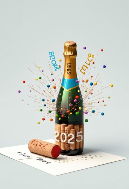 2025 greetings card. 3d, colorful, with a champagne Cork popping out toward the viewer with the exact words "Felice 2025 da Tony"