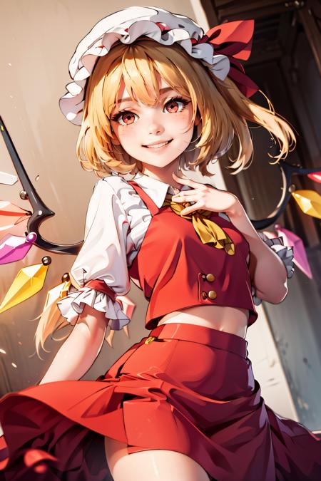 Flandre_Scarlet_Touhou,  1girl, flandre scarlet, solo, blonde hair, wings, red eyes, looking at viewer, blush, hat, crystal, one side up, ribbon, red skit