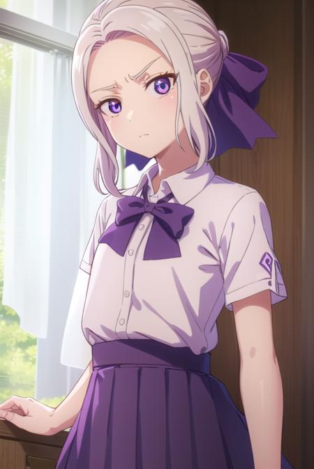 shinokiryuu, <lora:shino kiryuu s2-lora-nochekaiser:1>,
shino kiryuu, (purple eyes:1.1), white hair, hair bow, purple ribbon, frown, angry, (flat chest:1.2),
BREAK skirt, shirt, bow, school uniform, white shirt, short sleeves, pleated skirt, bowtie, blue skirt, 
BREAK indoors, classroom,
BREAK looking at viewer, (cowboy shot:1.5),
BREAK <lyco:GoodHands-beta2:1>, (masterpiece:1.2), best quality, high resolution, unity 8k wallpaper, (illustration:0.8), (beautiful detailed eyes:1.6), extremely detailed face, perfect lighting, extremely detailed CG, (perfect hands, perfect anatomy),