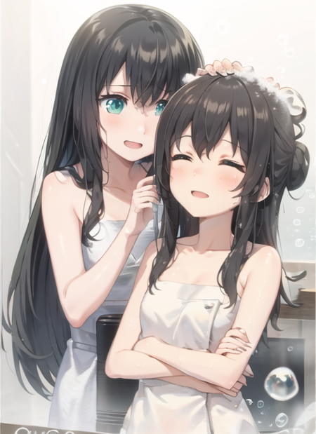 2girls, anime <lyco:washing_hair:0.8> washing_hair, long hair, blush, smile, open mouth, bangs, multiple girls, 2girls, hair between eyes, bare shoulders, standing, collarbone, closed eyes, upper body, :d, grey hair, sidelocks, hair bun, looking at another, aqua eyes, wet, gradient, hands up, bare arms, gradient background, alternate hairstyle, ^_^, single hair bun, towel, bubble, light blush, water drop, orange background, bathing, wet hair, naked towel, soap bubbles