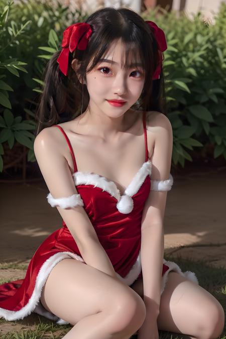 wr,mole under eye, long hair, black hair,  hair bow, twintails,  red bow, dress , bare shoulders, ribbon, santa costume, christmas, pom pom (clothes),white thighhighs,   