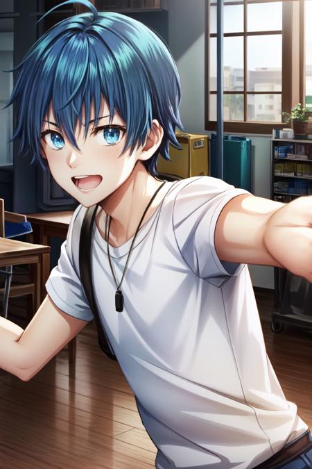 amamine shu\(side-m\), solo, looking at viewer, hair between eyes, ahoge, blue hair, short hair, blue eyes, short sleeves, white shirt, indoors, dance studio