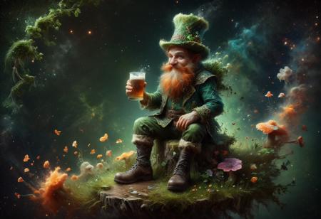 breathtaking A leprechaun with a mischievous grin, sitting atop a toadstool and drinking beer, surrounded by whimsical Celtic knot patterns and clovers, 8k, intricate details, vibrant colors, <lora:ral-dissolve:0.8>,  ral-dissolve, <lora:Space_Nebula_Style_SDXL:0.6>,  mad-nbla,  . award-winning, professional, highly detailed