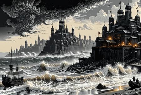 Gustave Doré Style page,woodcut illustration,masterpiece,ASCII,8k,absurdes,intricate,maximum resolution,cities crumble in the black sea-sand,<lora:Gustave Dore Style:1>,<lora:add-detail-xl:0.8>,<lora:d3p1x3lXLP:0.8>,d3p1x3l,pixel art,scenery,<lora:ArsMJStylePony_-_Pixel_Art:0.8>,ArsMJStylePony,Pixel Art,