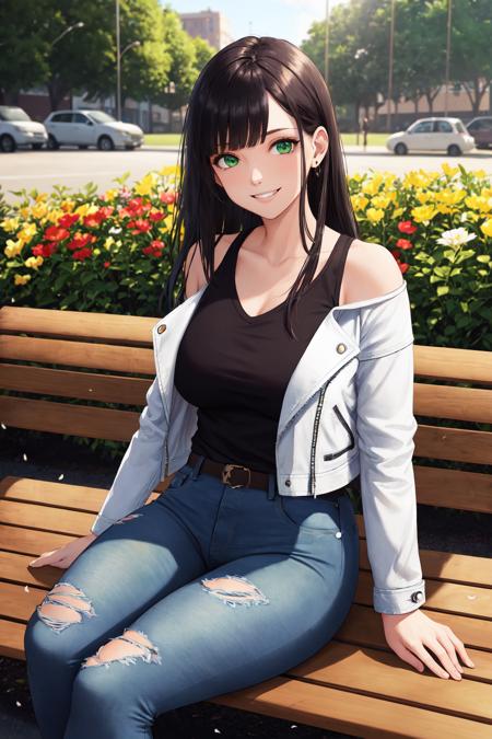 wide hips, (asymmetrical blunt_bangs), black hair, long hair, denim jeans, v-neck shirt, teeth, outdoors, park, park bench, dirt path, garden, flowers, green eyes, solo, bare shoulders, smiling, looking at viewer BodyPositive Best_QualityPos BadBoyVibes-GenderFree Earth-QualityPos