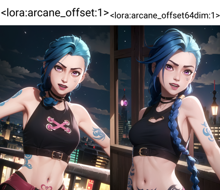 arcane style,
1girl, arm tattoo, asymmetrical bangs, bangs, blue hair, braid, brown shirt, cloud tattoo, looking at viewer, laughing, crazy, uncontrollable laugh, mad look, night, city, green hair, long hair, midriff, pink eyes, red lips, shirt, solo, standing, tattoo, twin braids, upper body, arcane jinx, jinx \(league of legends\)
<lora:arcane_offset:1>