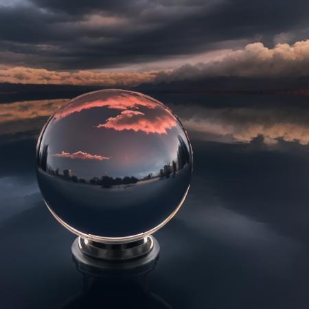 raw (glass mirror metal  ball:1.3) on pedestal, reflecting cloudy sky <lyco:Cloudify:0.55>  <lora:LowRA:1> (sunset red sky:1.1),  autumn sun low on horizon, desert oasis  <lora:treebark:0.15>