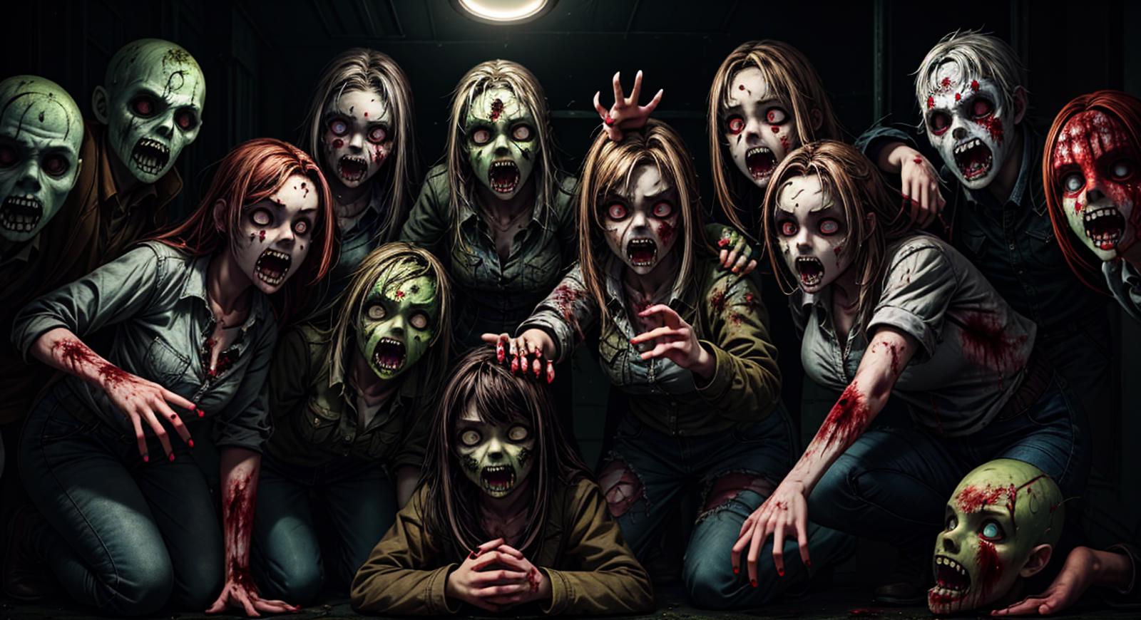 A group of zombies surrounding a person in a dark room.