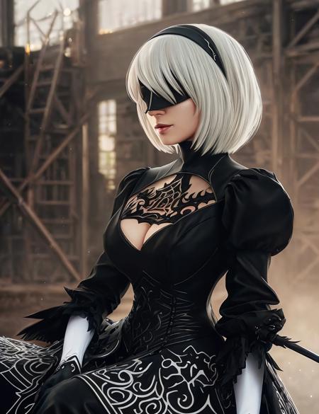 a woman, 2B, black blindfold, detailed, detailed dress, posing, by conor harrington <lora:2B:0.75>, (Artstation:1.3), (intricate:1.1), (elegant:1.1), (highly detailed:1.2), (great eye detail:0.7), (glowing eyes:0.5), (digital painting:1.2), (smooth:1.1), (sharp focus:1.2), (illustration:1.1), (3d:0.9), (3d_bacground:0.9), 8 k., ,"(intricate details:0.9), (hdr, hyperdetailed:1.2)