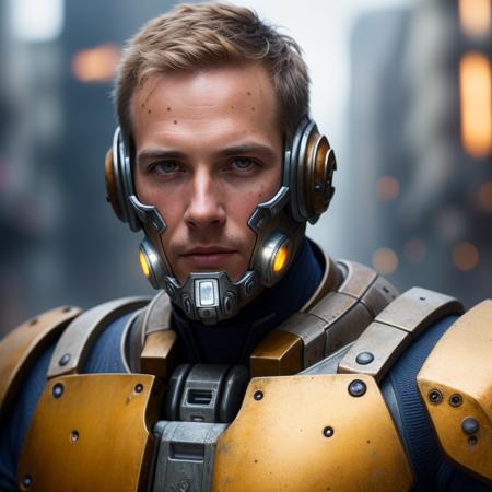 Portrait photo of handsome man in a worn mech suit, ((light bokeh)), intricate, (steel metal [rust]), elegant, sharp focus, photo by greg rutkowski, soft lighting, vibrant colors, masterpiece, ((streets)), detailed face, 8 k, 1 6 k (FRUITFUSION:0.31):(BRTDRPP:0.14):(LIQUID SPLASH:1.2)