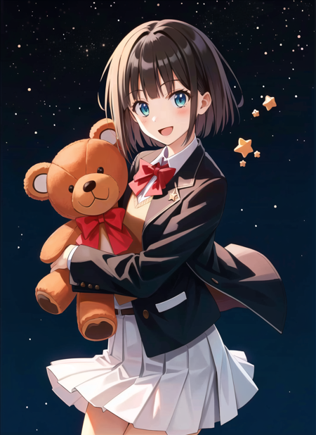 akamatsu ken <lora:akamatsu_ken_offset:1>,  1girl, :d, black jacket, blunt bangs, brown hair, cowboy shot, green eyes, hair intakes, holding, holding stuffed toy, jacket, long sleeves, looking at viewer, open mouth, school uniform, short hair, skirt, smile, solo, star (symbol), starry background, stuffed animal, stuffed toy, teddy bear, tomoeda middle school uniform, uniform, white skirt, (masterpiece)