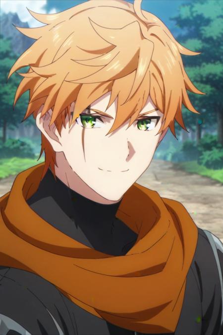 Roi, orange hair, green eyes, scar on face,