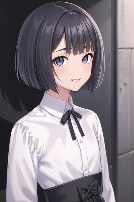 Jinguuji Maya short hair,black hair,bob cut,blunt bangs,black eyes neck ribbon,black ribbon,white shirt,black dress,long dress,shirt under dress,black bow,long sleeves,flat chest,black pantyhose,white footwear