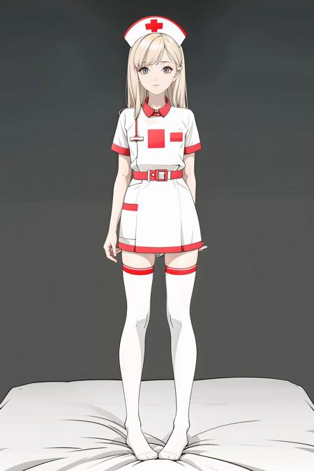 long_hair,red_eyes,blonde_hair,staring,((slim legs)),(white_thighhighs),(no shoes),sleeves,flat_chest,nurse cap,((nurse)),flat color,petite,solo,staring,full body,on bed,staring,nurse,,