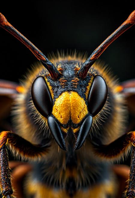 Asian giant hornet,Breathtaking,8k resolution,extremely detailed,beautiful,establishing shot,artistic,hyperrealistic,ultra realistic render,extremely fine details,like-like render,cinematic lighting,dramatic lighting,masterpiece,light brazen,extremely detailed and beautiful face,150mm,HDR10,