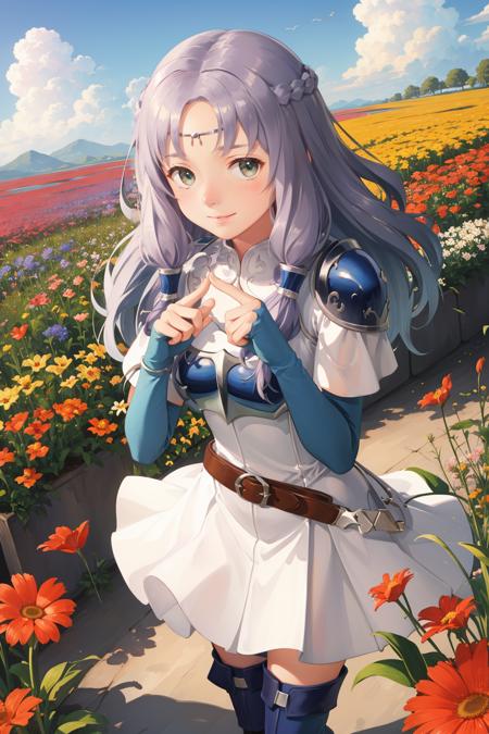 masterpiece, best quality, florina, circlet, armor, white dress, belt, thigh boots, shy, smile, sky, clouds, from above, looking at viewer, index fingers together, nervous, field of flowers, standing <lora:florina-nvwls-v1-000012:0.9> <lora:concept_indexfingerstogether-10:0.9>