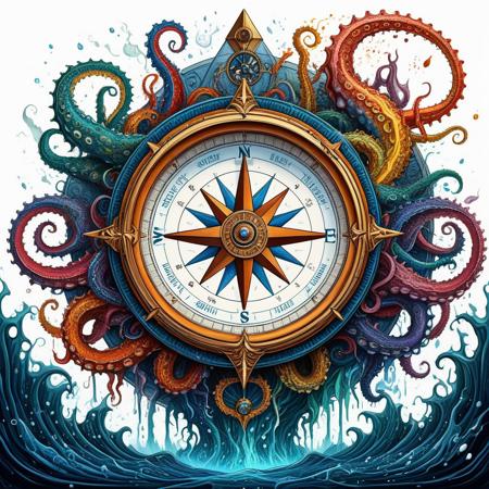 Finely detailed vector illustration, compass, tentacles, terror from the deep , ultra realistic quality, interwoven pattern, white background, hyperdetailed, intricately detailed,  triadic colors,fantastical,intricate detail,splash screen,complementary colors, fantasy concept art, 8k resolution, masterpiece, oil painting, thick strokes, paint dripping, vapors, glow