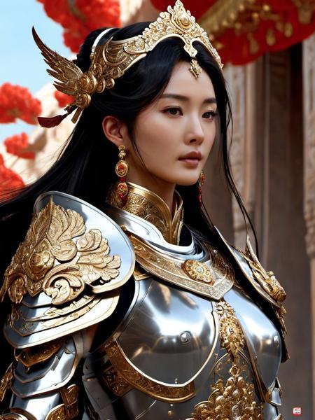 yangmi woman, ,heaven armor, armor is very flamboyant and exaggerated, also exquisitely detailed, extremely detailed, digital painting, artstation, illustration, concept art, smooth, sharp focus, greg rutkowski, alphonse mucha and william-adolphe bouguereau <lora:yangmi_XLL6e4_10:0.5>