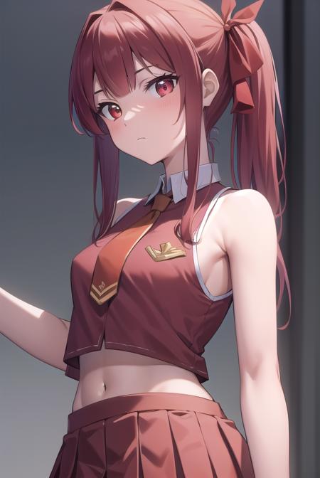 marinehoushou, <lora:marinehoushoutest:1>, marine houshou, red hair, twintails, heterochromia, (red eyes:1.5), (yellow eyes:1.5), hair ribbon,
BREAK bare shoulders, brown leotard, brown thighhighs, covered navel, cropped jacket, grey shirt, jacket, leotard, leotard under clothes, pleated skirt, red jacket, red ribbon, red skirt, ribbon, shirt, skirt, sleeveless, sleeveless jacket, sleeveless shirt, thighhighs, closed jacket,
BREAK looking at viewer,
BREAK outdoors, city,
BREAK <lora:GoodHands-vanilla:1>, (masterpiece:1.2), best quality, high resolution, unity 8k wallpaper, (illustration:0.8), (beautiful detailed eyes:1.6), extremely detailed face, perfect lighting, extremely detailed CG, (perfect hands, perfect anatomy),