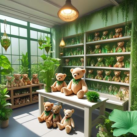 DonM3lv3s,5tuffed_t0y_5h0p,
8k, score_9, score_8_up, score_7_up,
masterpiece,realistic,ultra detailed, vibrant colors,photo-realistic,
teddy bear,
filled with plush toys of various sizes,
Elf room, houseplants, herbs,
(tropical jungle theme:1.1), working, botanical researcher, planters, greenery, blooming flowers, floating plants, magic, green magical energy, elemental magic, green color scheme, lotus, herbs, seeds, science, botanical laboratory in background, sunshine, magical atmosphere,