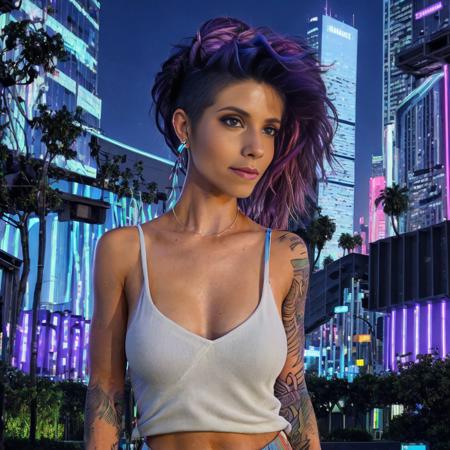 1 white girl with light skin tone, soegschwind, 
Engaging portrait of a cyberpunk-inspired beautiful girl with captivating multi-colored hair flowing down her back. her clothing is extremely sexually revealing, bare breasts but otherwise covered, The girl's hair showcases a vibrant fusion of blue, purple, and pink hues, symbolizing the essence of the cyberpunk aesthetic. Her face, radiating an air of mystery and intrigue, takes center stage in the composition. As the camera angle expands, it reveals her upper body, allowing her confident posture and stylish attire to shine. The portrait is crafted in a futuristic art style, seamlessly blending urban dystopia, neon lighting, and advanced technology. The background immerses the viewer in a dynamic cybernetic cityscape, with towering skyscrapers, illuminated billboards, and a captivating atmosphere. This cyberpunk-inspired artwork draws inspiration from visionary artists like Syd Mead, H.R. Giger, and Masashi Kishimoto.
 <lora:soegschwind:1>