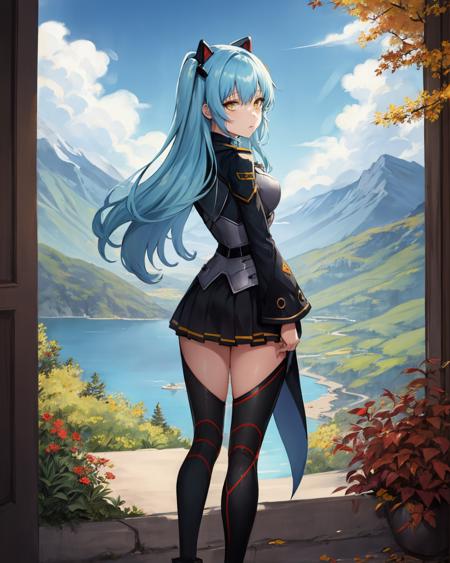 best quality, (masterpiece:1.2), illustration, absurdres,
(1girl, solo), (beautiful detailed girl),
<lora:TioZero:0.9>,  Tio Plato, yellow eyes, aqua hair, long hair, two side up, small breasts, 
fake animal ears, 
black dress, breastplate,  pleated skirt, black thighhighs, grey boots,
looking at viewer, 
overlooking distant mountains, distant river, (pine forest), autumn colors, sky, clouds, intricate, detailed background,,
((standing on one leg)), from behind,