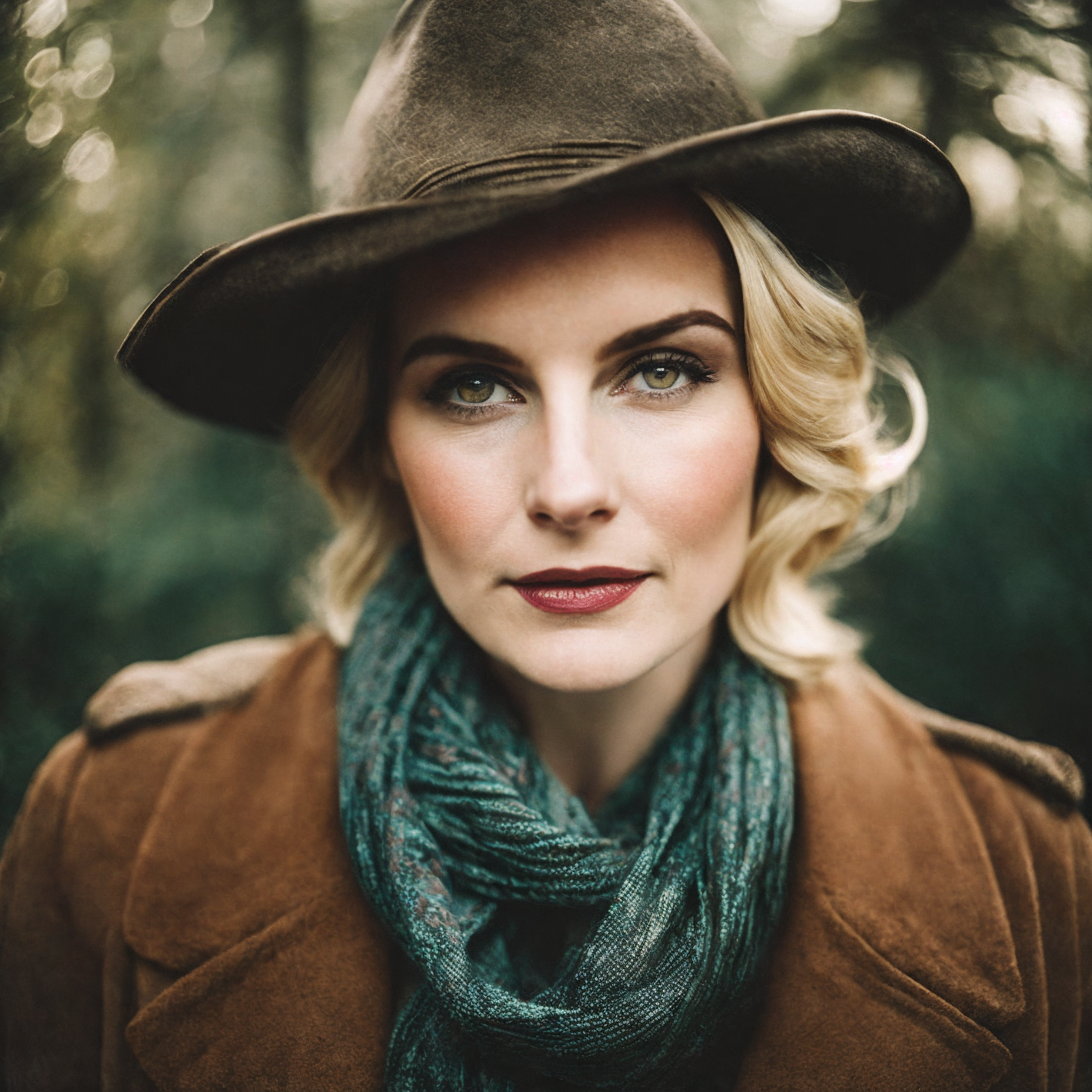 closeup portrait of a austrian woman in Biome reserves, Flash-forward lighting, Vintage atmosphere, round face