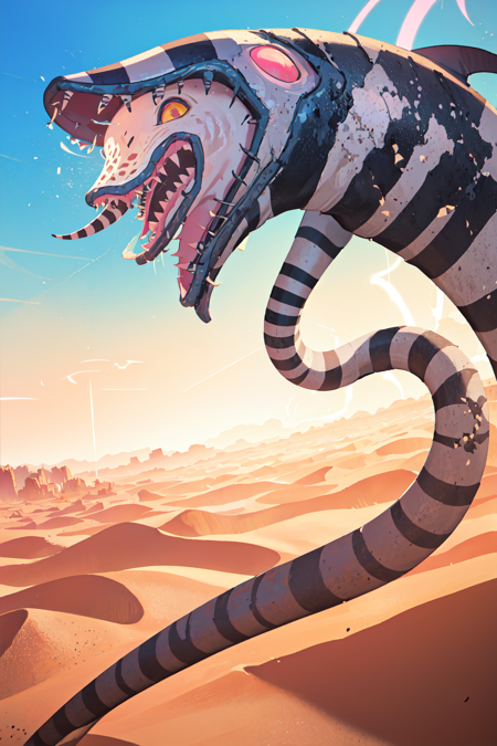 <lora:beetlejuiceSandy:.75>(masterpiece, best illustration),  sammie sandworm, sandworm snake, (no humans),open mouth, tongue, teeth, summer time, vaporwave,  synthwave, city punk, sci-fi city, dust, in the Sahara desert, rim lighting, side lighting, (best anatomy),  (dynamic angle),pov