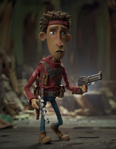 stopmotion, a Bermudian kid Bounty Hunter, pursuit, capture, reward, relentless, justice, determined, skilled, relentless, pursuit. <lora:STOPMO_1.12_RC:0.9>