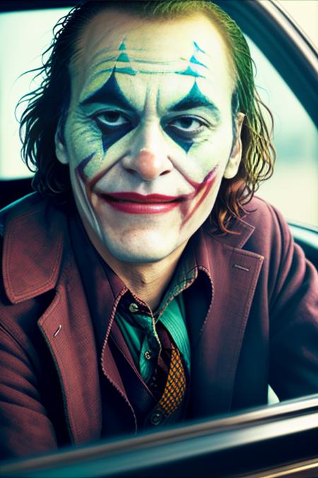 a portrait of a Joker from a Batman movie, smiling, looking at the viewer through the car window, dramatic light, movie screen grab,  jokermovie style