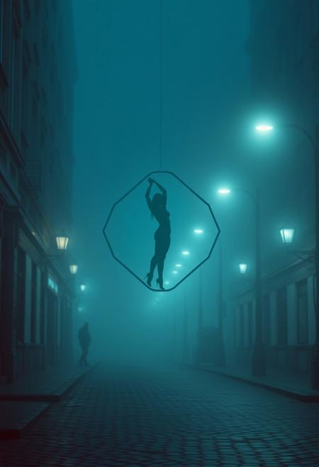 Photograph with rich deep teal tones, gentle soft light, elongated form suspended ethereally, geometric logo design with clean lines and balance, lone figure in misty city street, dim streetlights, foggy atmosphere, wet cobblestones, diffused shadows, subtle illumination, luxurious and vibrant.