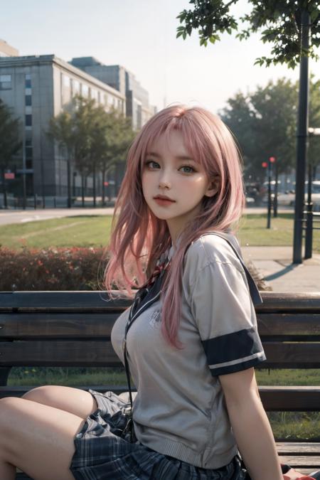 1girl, big breasts, green eyes, pink hair, sitting on a bench, in a park, Highschool uniform, from side shot, from side pov, looking up, (masterpiece), best quality, highest quality, extremely detailed CG unity 8k wallpaper, detailed and intricate, original,highres, dynamic angle, (face visible:0.6), (RAW photo, best quality), (realistic, photo-realistic:1.2), high quality, (high detailed skin:1.4), puffy eyes, gorgeous hair, ultra-sharp, realistic lighting, realistic shade, lighting, cinematic, photography, film grain, realism, smooth skin, beautiful face, aesthetic body, realistic, (cinematic, best quality, masterpiece, ultra HD textures, highly detailed, hyper realistic, intricate detail, 8k, photorealistic, concept art) , <lora:hipoly3DModelLora_v10:0.35>,  <lora:more_details:0.7>,  <lora:Cute Asian Face:0.3> , <lora:FilmVelvia2:0.5>,  <lora:koreanDollLikeness:0.2> , <lora:mix4:0.5>