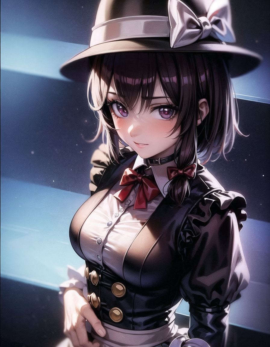 1girl, cyberpunk, humanoid robot, metal texture, maid, from above, looking at viewer, usami renko, victorian hat,